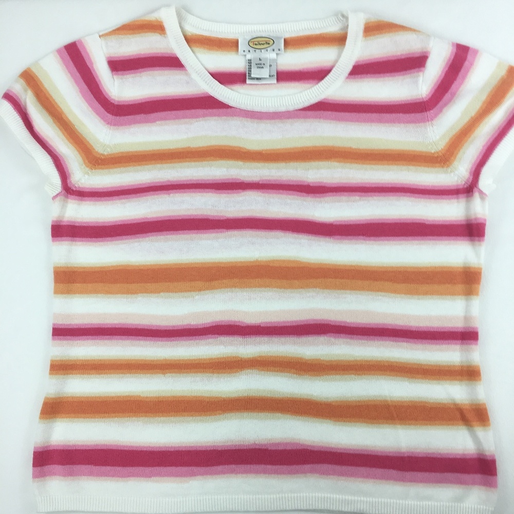 TALBOTS short sleeve top SZ L petite - striped pink orange & white